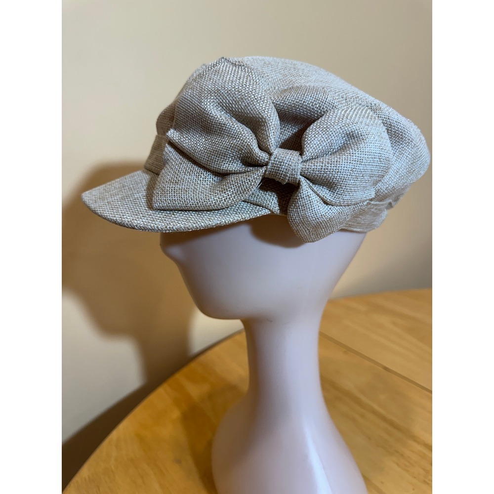 Y2K D&Y Women Beige Woven Newsboy Cap Side Bow Detail Elastafit Hat